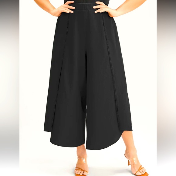 Plain Elastic Waist Lace Detail Wrap Hem Loose Pants - Picture 1 of 4